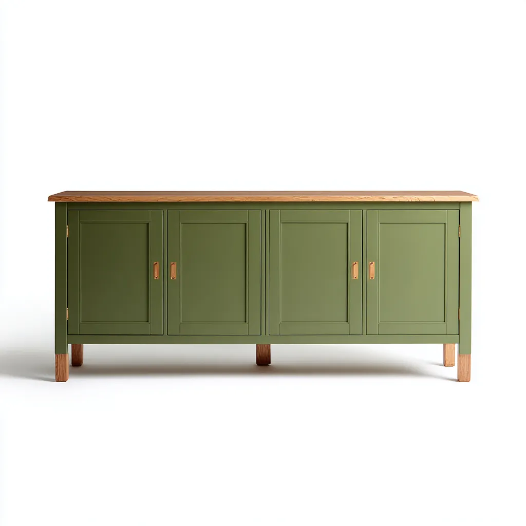 Meuble TV vert olive en bois massif avec plateau en chêne naturel - 170x40x80 cm - vertolive-chêne - style campagne moderne-Restota