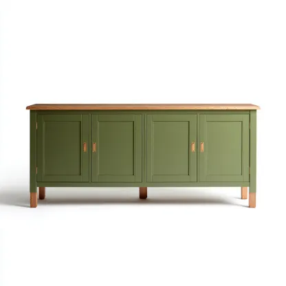 Meuble TV vert olive en bois massif avec plateau en chêne naturel - 170x40x80 cm - vertolive-chêne - style campagne moderne-Restota