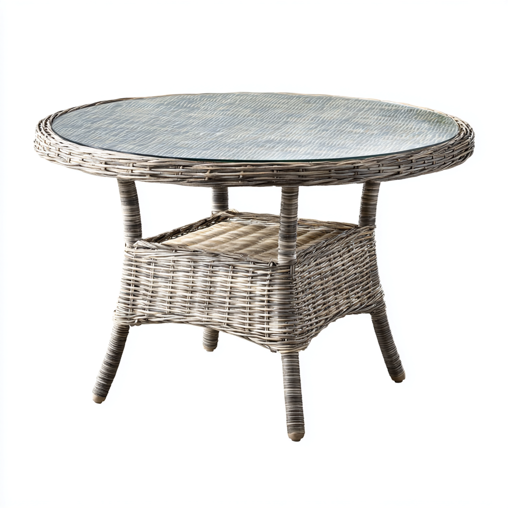 Table de jardin ronde en rotin synthétique avec plateau en verre 90x90x72 cm - gris - design contemporain-Restota