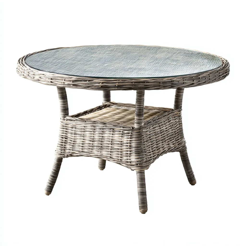 Table de jardin ronde en rotin synthétique avec plateau en verre 90x90x72 cm - gris - design contemporain-Restota