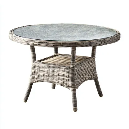 Table de jardin ronde en rotin synthétique avec plateau en verre 90x90x72 cm - gris - design contemporain-Restota
