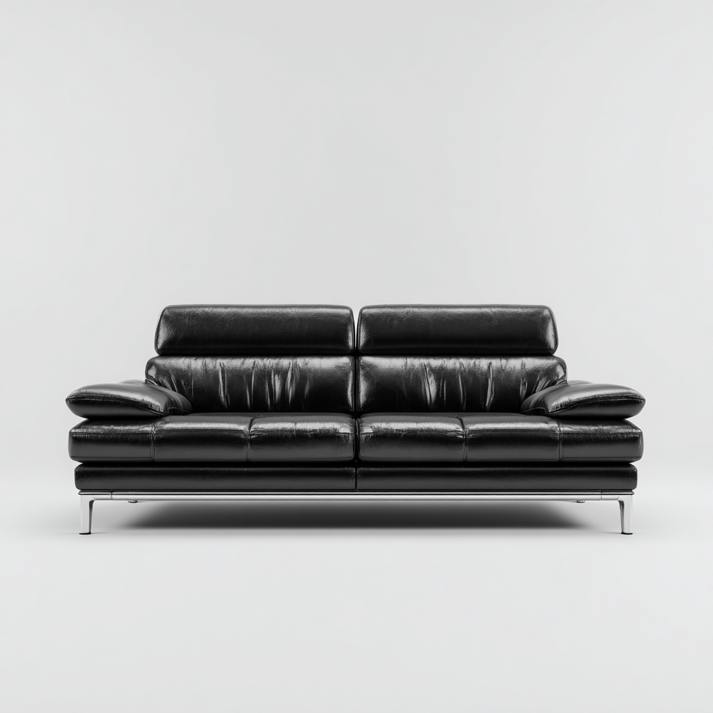 Canapé droit en cuir noir - structure métal chromé - design contemporain - usage salon-Restota