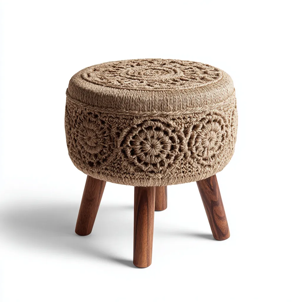 Pouf rond en jute tressé avec pieds en bois - 38x38x45 cm - beige naturel - style bohème artisanal-Restota