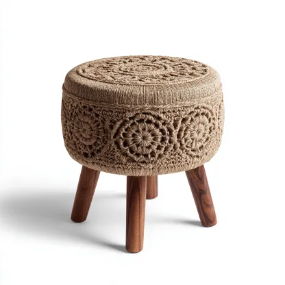 Pouf rond en jute tressé avec pieds en bois - 38x38x45 cm - beige naturel - style bohème artisanal-Restota