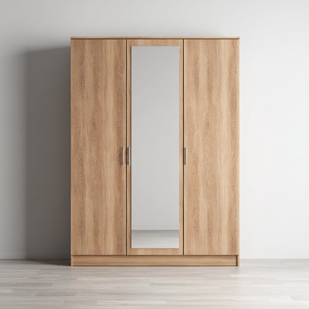 Armoire 3 portes avec miroir - bois - 190x130x55 cm - chênenaturel - style moderne-Restota