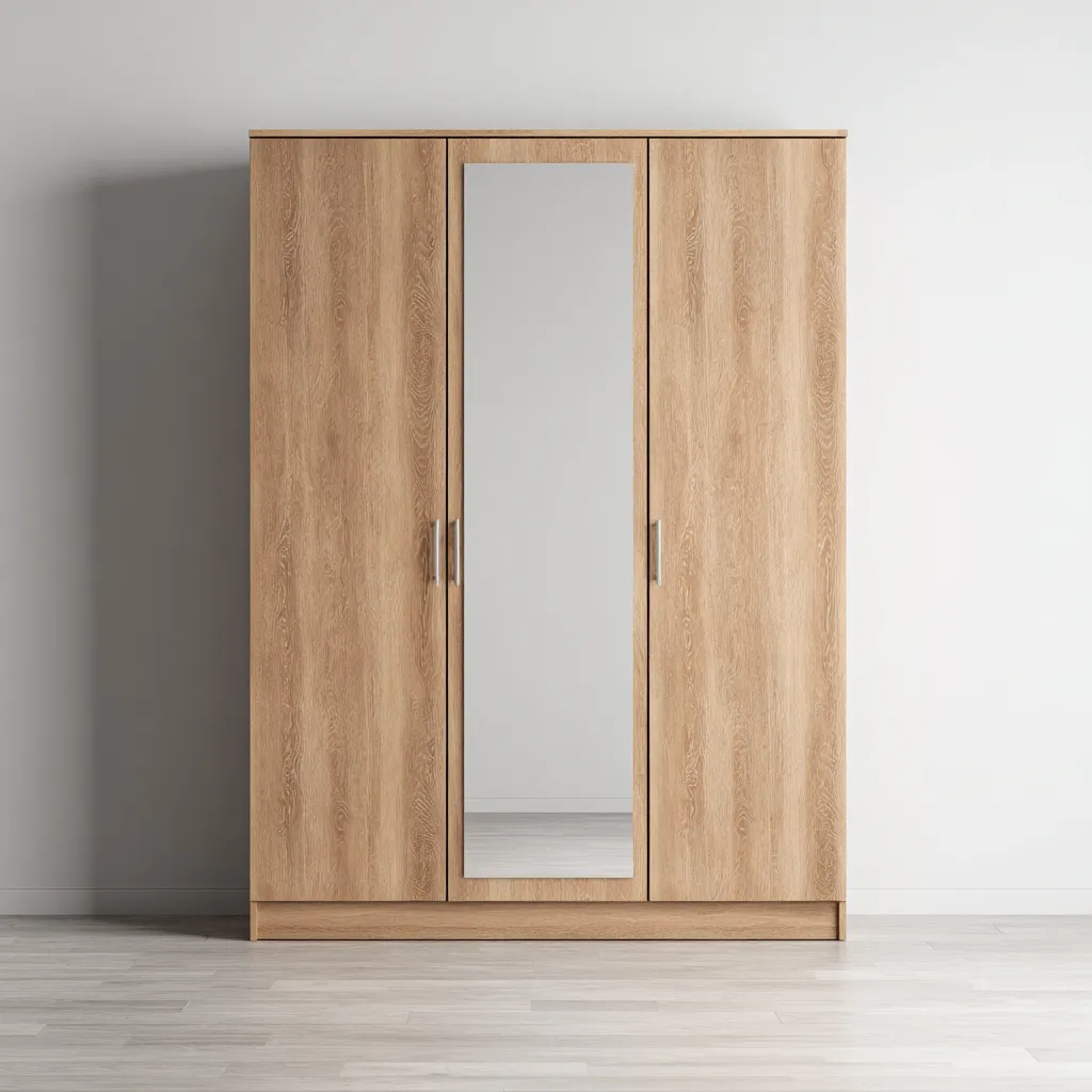 Armoire 3 portes avec miroir - bois - 190x130x55 cm - chênenaturel - style moderne-Restota