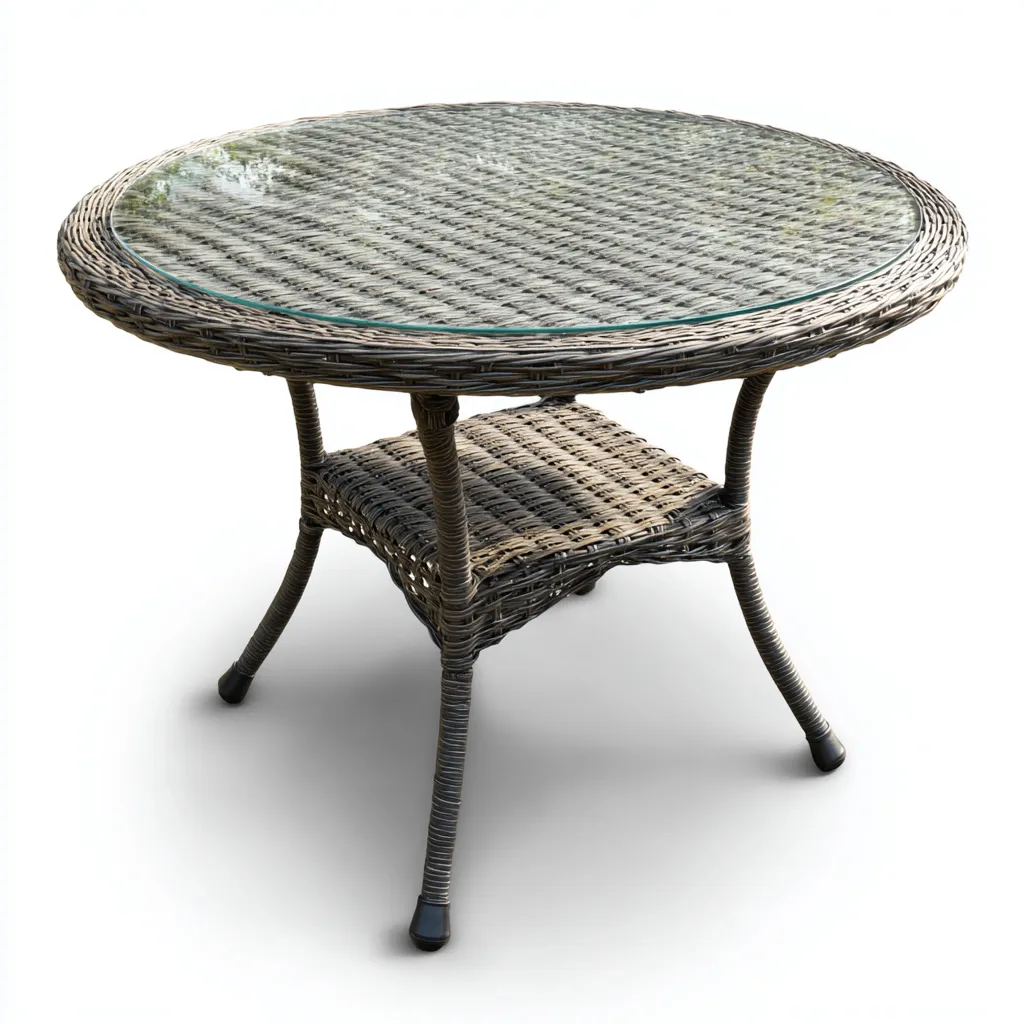 Table de jardin ronde en rotin synthétique avec plateau en verre 90x90x72 cm - gris - style moderne-Restota