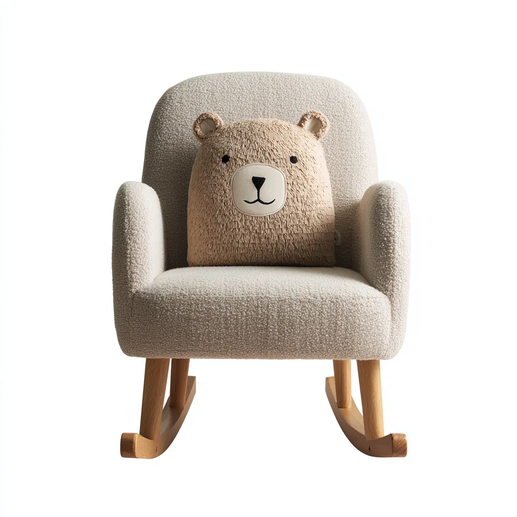 Fauteuil à bascule pour enfant - Tissu bouclette beige avec coussin ours - 60x55x70 cm - Beige - Style nordique ludique-Restota