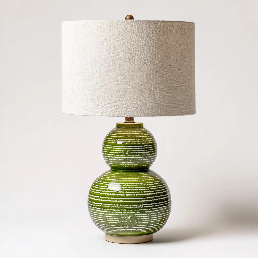 Lampe de table en céramique verte à rayures avec abat-jour en tissu beige 30x30x52 cm - vert-beige - style naturel contemporain-Restota