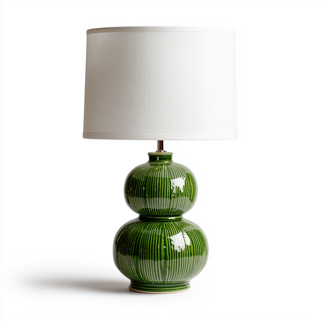 Lampe de table en céramique verte à double sphère avec abat-jour en tissu - 30x30x55 cm - vert-blanc - style moderne-Restota