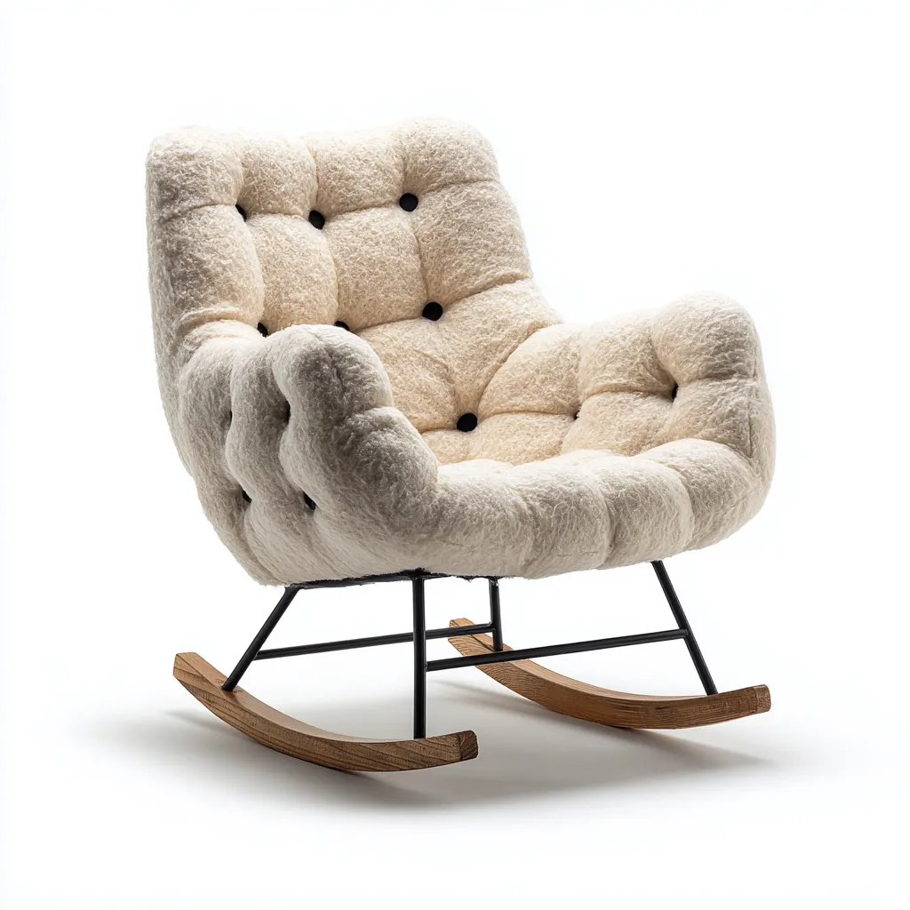 Fauteuil à bascule en tissu bouclette ivoire avec structure en métal noir et patins en bois - 70x80x95 cm - ivoire - style nordique moderne-Restota