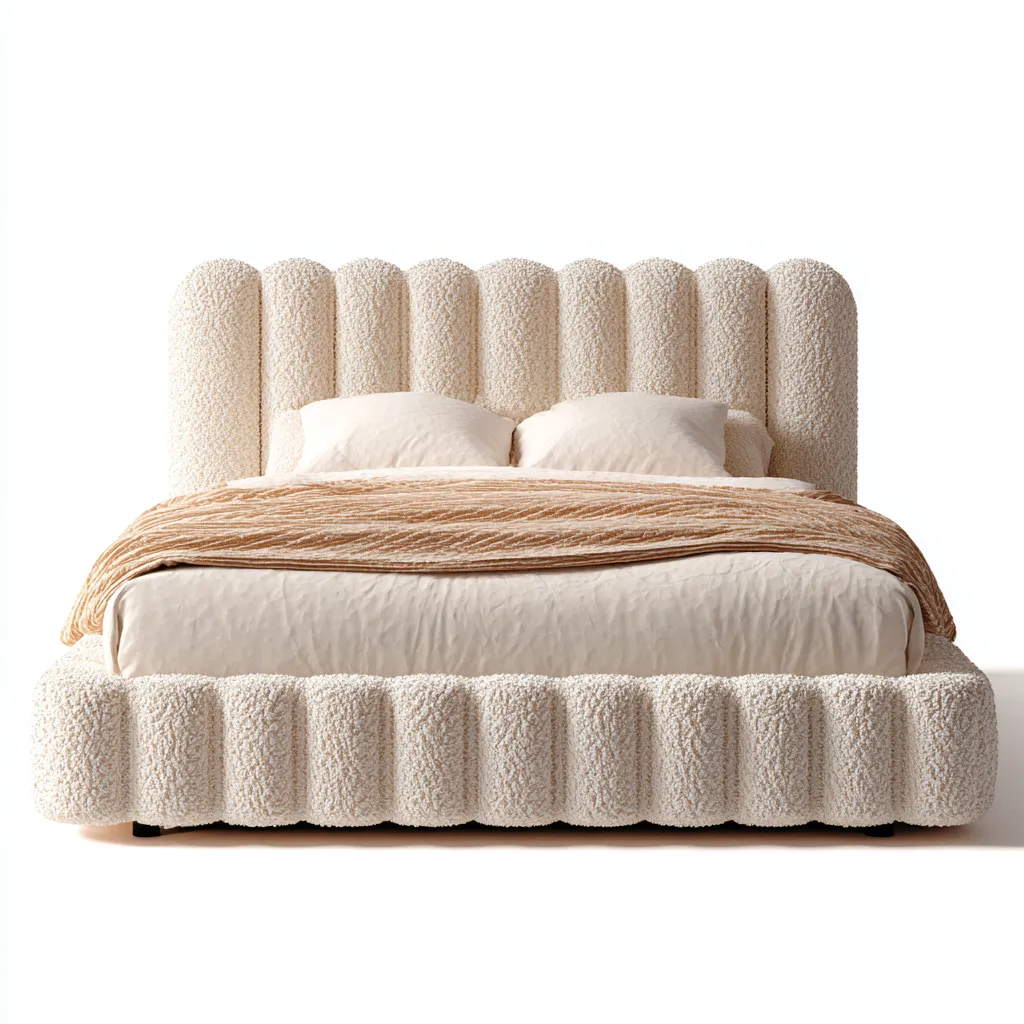 Lit double - tissu bouclé beige avec tête de lit capitonnée et cadre rembourré - 200x160x100 cm - beige - style moderne contemporain-Restota