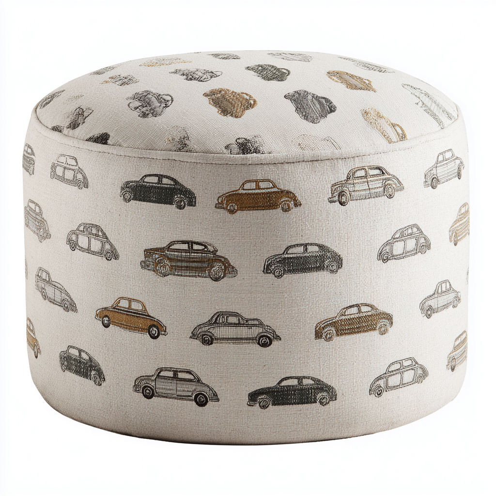 Pouf rond en tissu imprimé voitures vintage - 45x45x35 cm - beige-multicolore - style rétro ludique-Restota