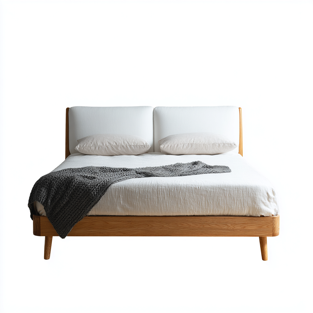 Lit double - chêne massif avec tête de lit rembourrée en tissu - 200x160x95 cm - chêne clair-blanc - style nordique contemporain-Restota