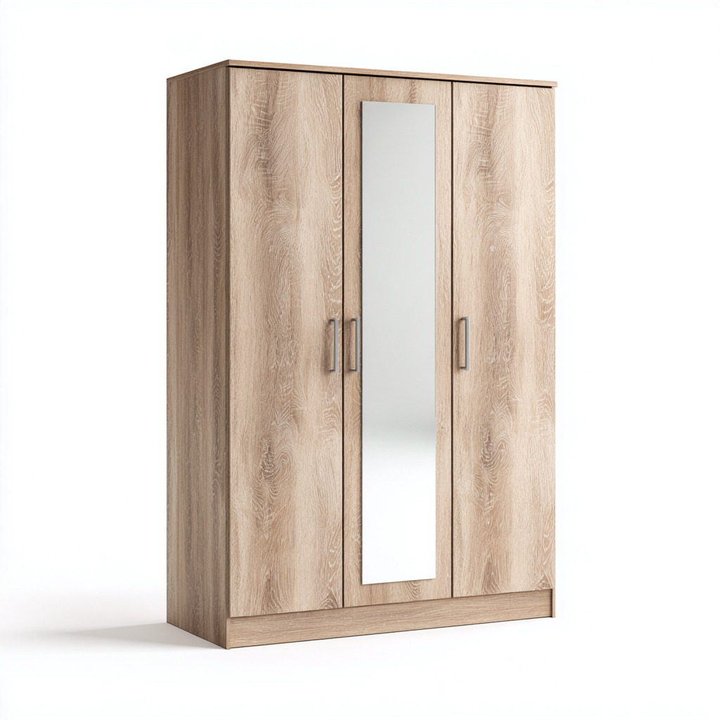 Armoire 3 portes avec miroir - bois - 185x120x55 cm - chênenaturel - style moderne-Restota