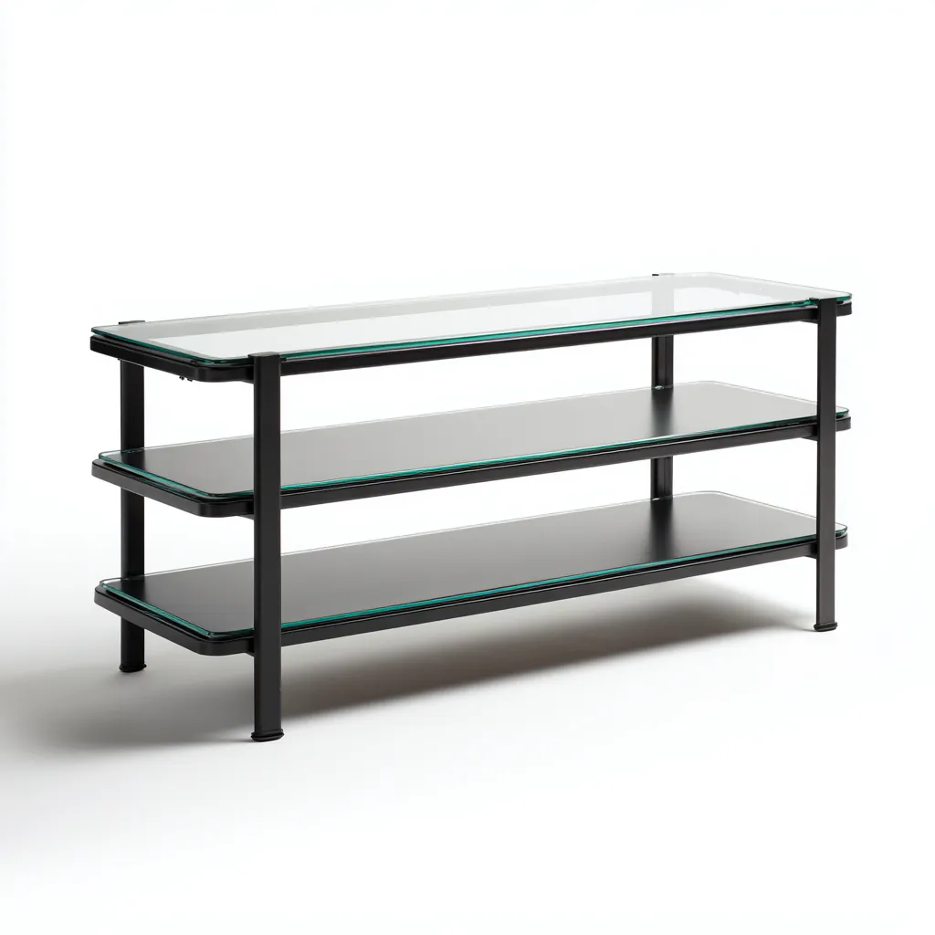 Meuble TV en verre trempé transparent et noir avec structure métallique - 120x40x55 cm - noir - design moderne industriel-Restota