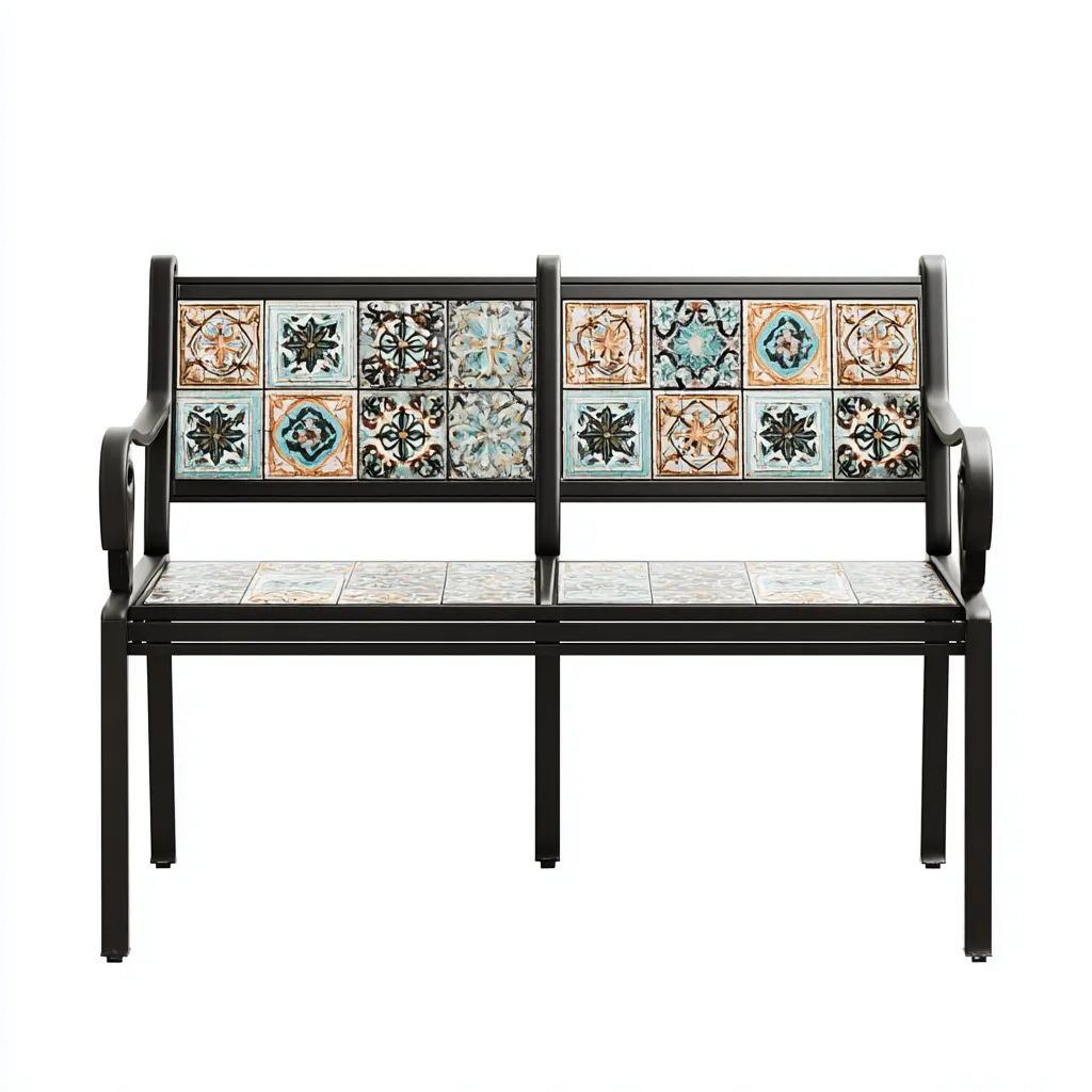 Banc de jardin en fonte et céramique - 125x55x90 cm - noir-multicolore - style classique-Restota