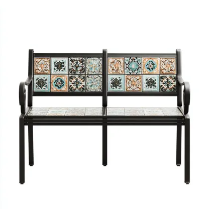 Banc de jardin en fonte et céramique - 125x55x90 cm - noir-multicolore - style classique-Restota