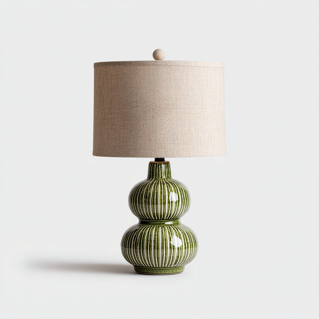 Lampe de table en céramique verte à rayures verticales avec abat-jour en lin beige 28x28x50 cm - vert-beige - style naturel moderne-Restota