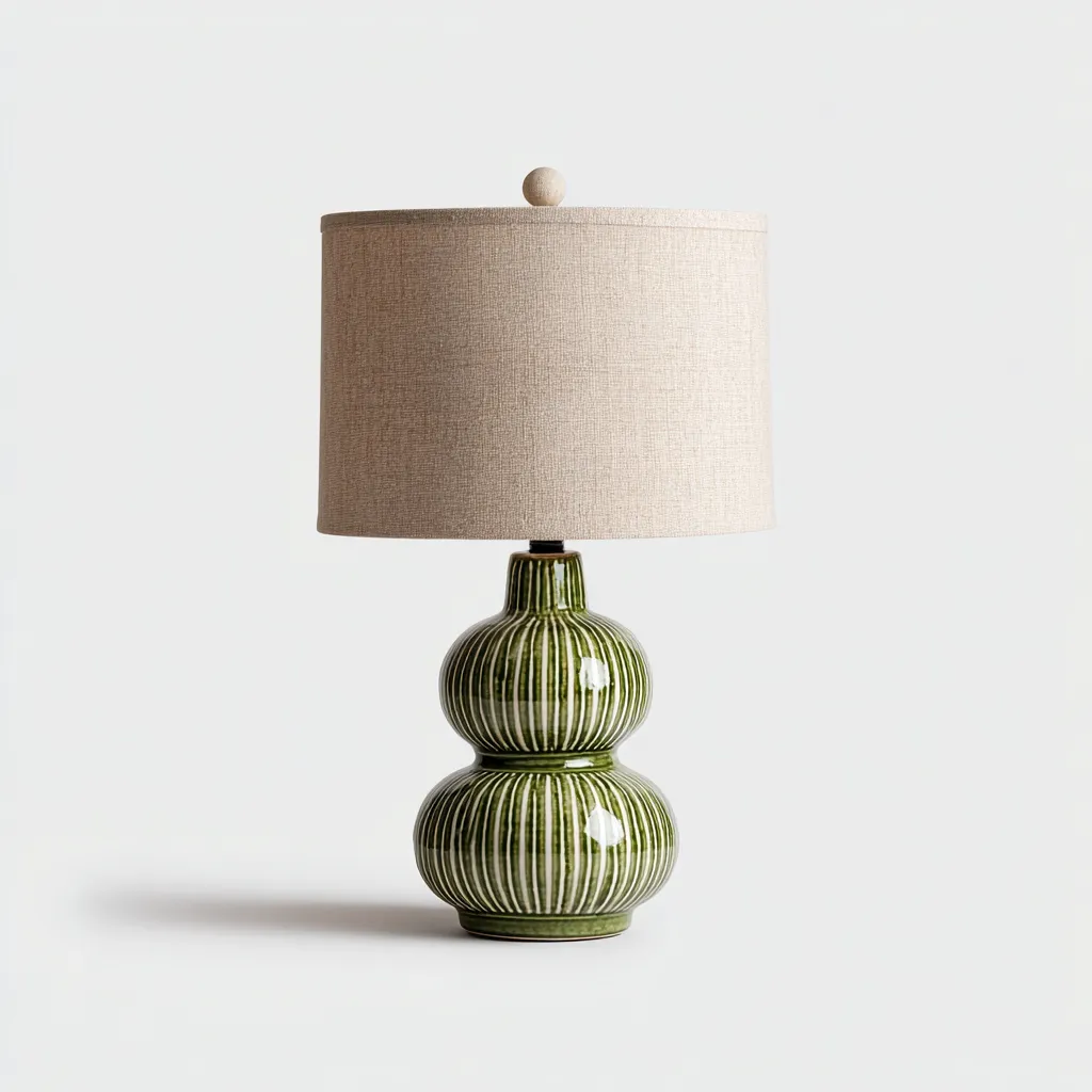 Lampe de table en céramique verte à rayures verticales avec abat-jour en lin beige 28x28x50 cm - vert-beige - style naturel moderne-Restota