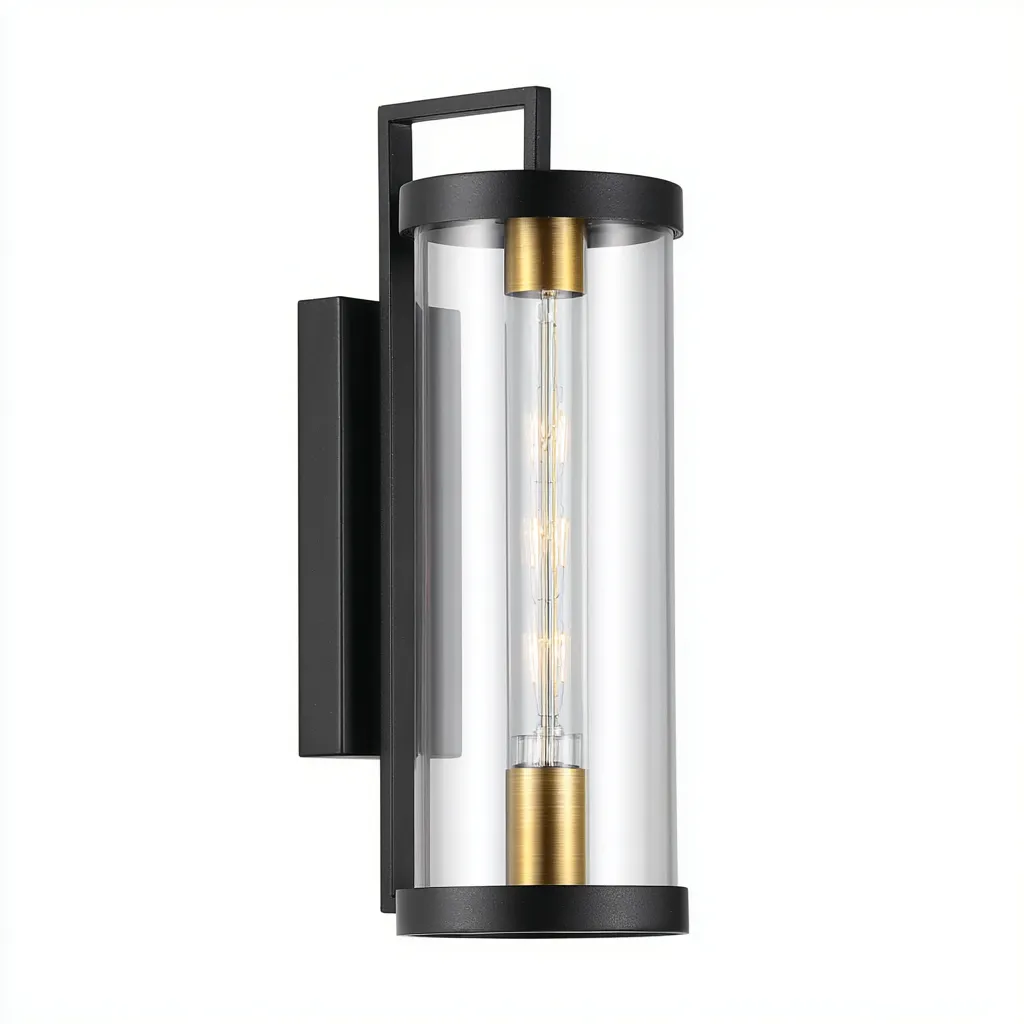 Applique murale en aluminium noir avec cylindre en verre transparent et accents dorés 16x12x32 cm - noir-doré-transparent - style moderne élégant-Restota