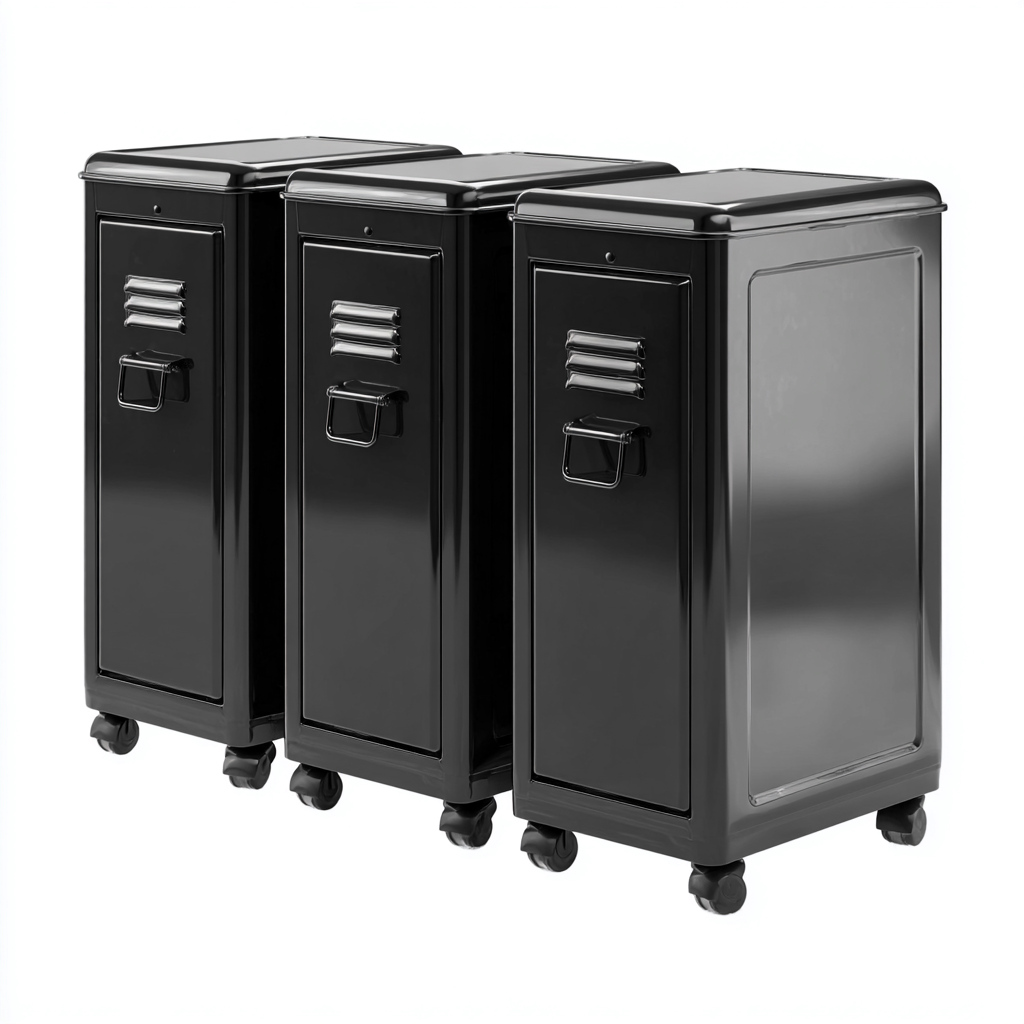 Lot de 3 armoires de bureau à roulettes en métal noir - 40x40x80 cm - noir - style industriel moderne-Restota