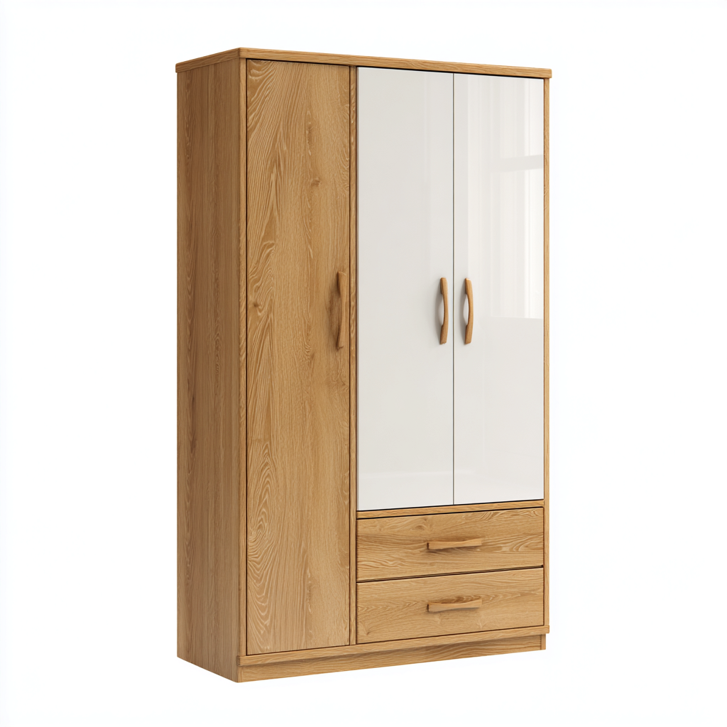 Armoire 3 portes avec tiroirs - bois et finition brillante - 185x120x55 cm - chênenaturel-blanc - style moderne-Restota