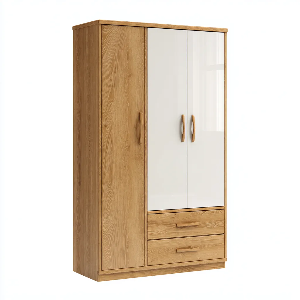 Armoire 3 portes avec tiroirs - bois et finition brillante - 185x120x55 cm - chênenaturel-blanc - style moderne-Restota