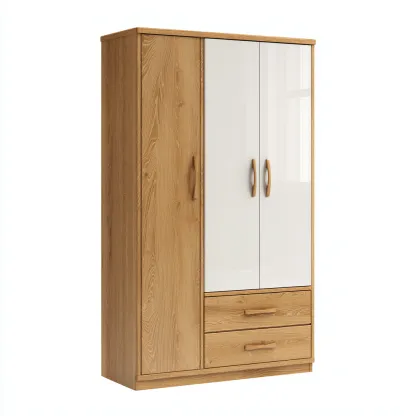 Armoire 3 portes avec tiroirs - bois et finition brillante - 185x120x55 cm - chênenaturel-blanc - style moderne-Restota