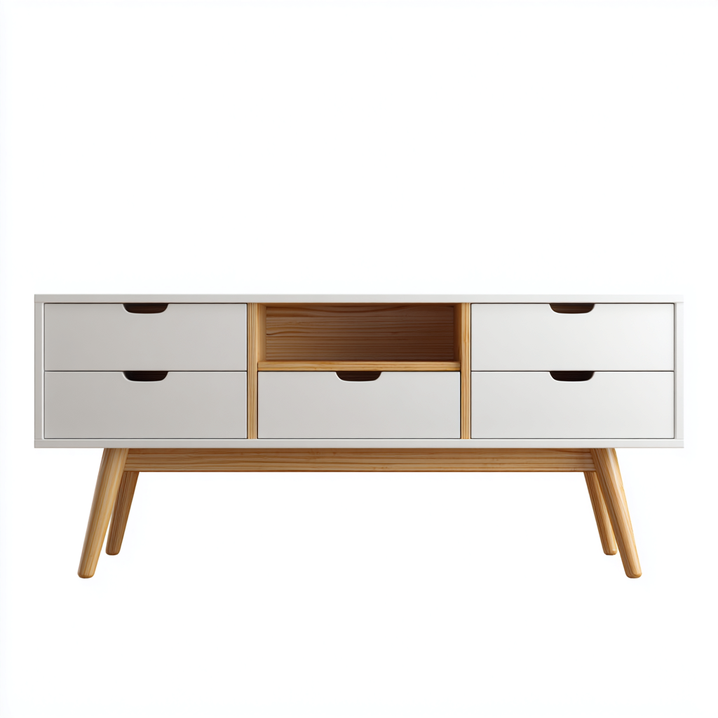 Meuble TV en bois blanc et naturel avec compartiment ouvert - 140x40x55 cm - blanc-chênenaturel - style scandinave contemporain-Restota