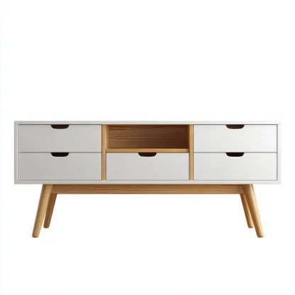 Meuble TV en bois blanc et naturel avec compartiment ouvert - 140x40x55 cm - blanc-chênenaturel - style scandinave contemporain-Restota