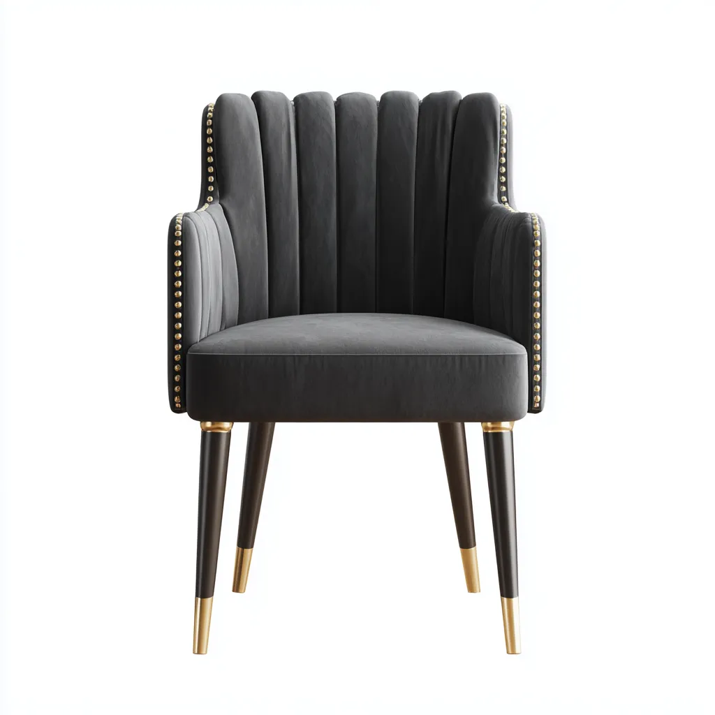 Chaise de salle à manger en velours et métal 59x60x83 cm - gris foncé-or - design moderne à dossier côtelé avec clous dorés-Restota