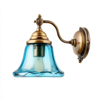 Applique murale en laiton vieilli et abat-jour en verre bleu ondulé 20x25x28 cm - bleu-doré - style rétro artisanal-Restota