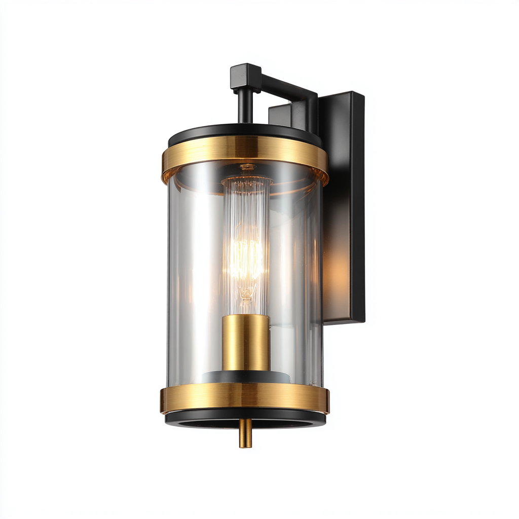 Applique murale cylindrique en métal noir et doré avec abat-jour en verre transparent 15x15x28 cm - noir-doré - design moderne élégant-Restota