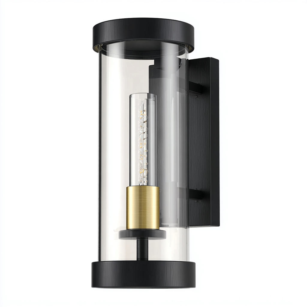 Applique murale cylindrique en aluminium noir et verre transparent avec détails dorés 15x13x30 cm - noir-doré-transparent - style moderne minimaliste-Restota