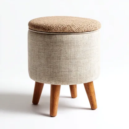 Pouf rond en tissu beige avec pieds en bois et rangement intégré - 38x38x45 cm - beige - style moderne naturel-Restota