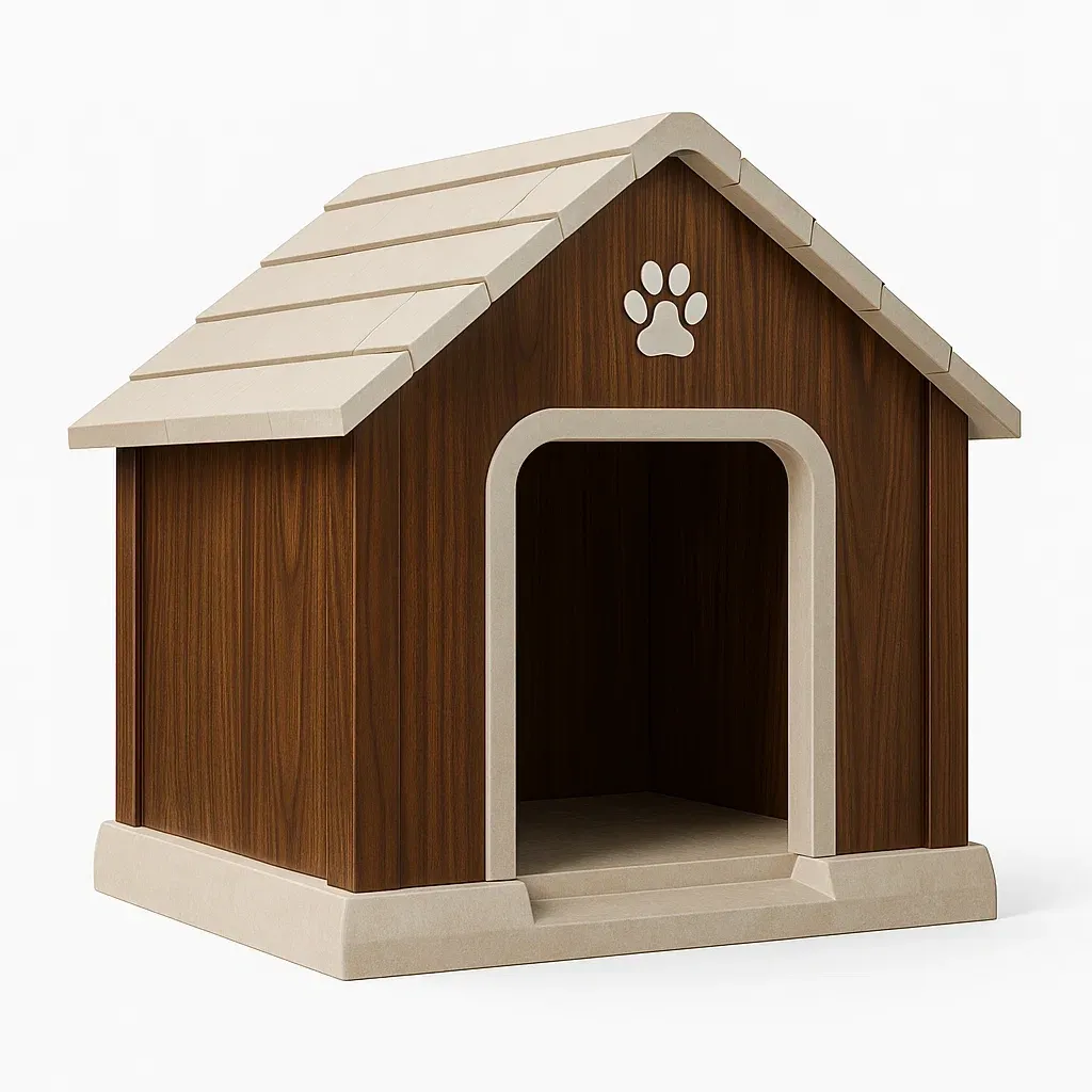 Niche pour chien en bois composite marron et beige avec toit à pignon