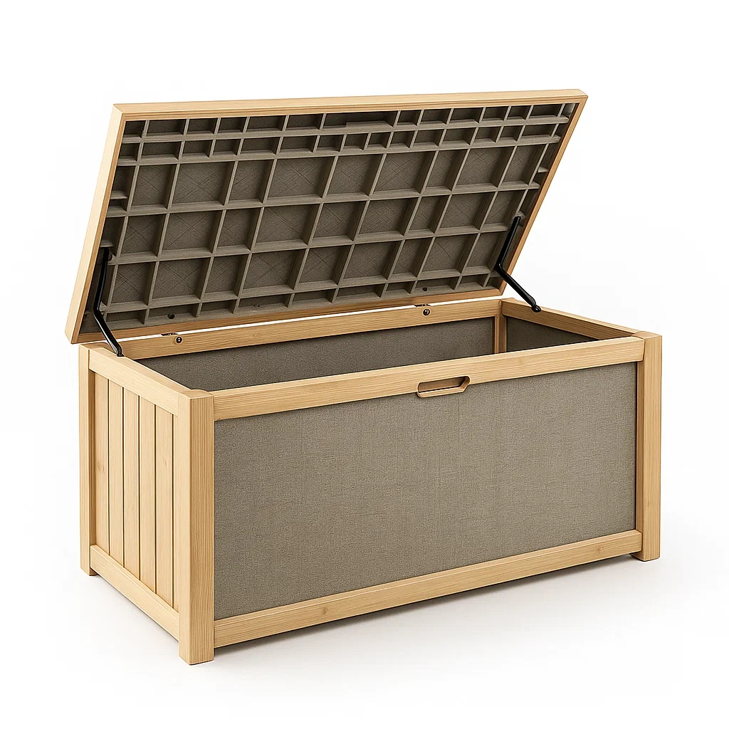 Baule portaoggetti en bois et tissu avec couvercle rabattable