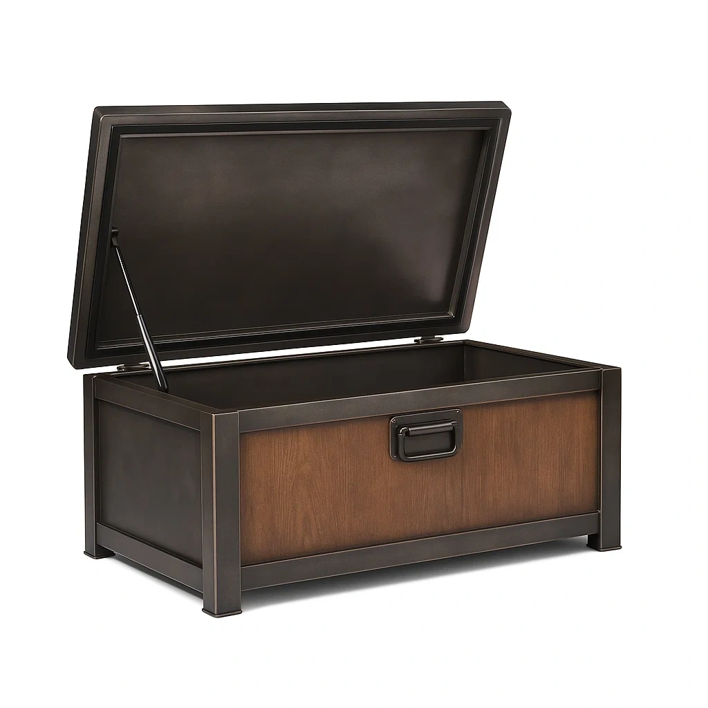 Baule portaoggetti en bois et métal avec couvercle articulé