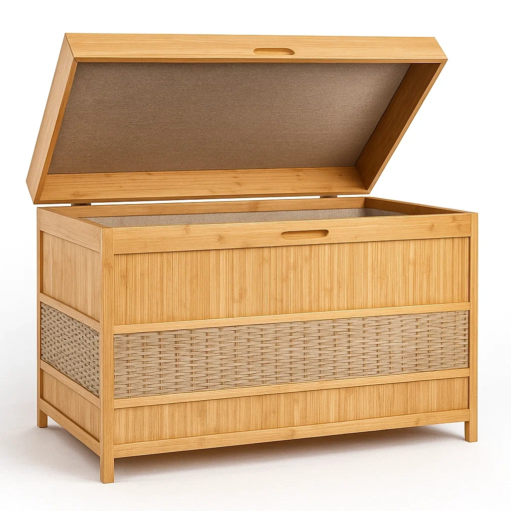 Baule portaoggetti en bambou avec détails en rotin 100×50×60 cm