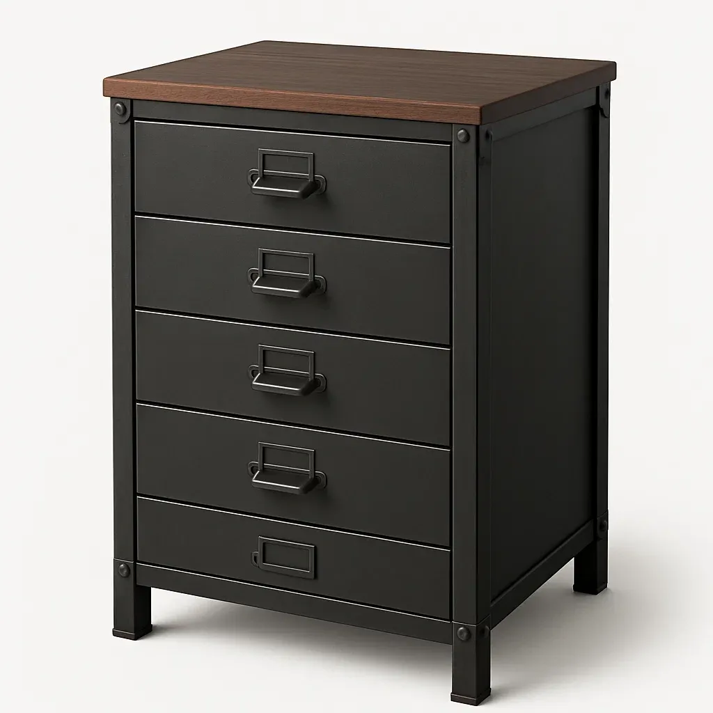 Commode à tiroirs en métal à 5 tiroirs noir avec dessus en bois