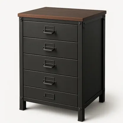 Commode à tiroirs en métal à 5 tiroirs noir avec dessus en bois