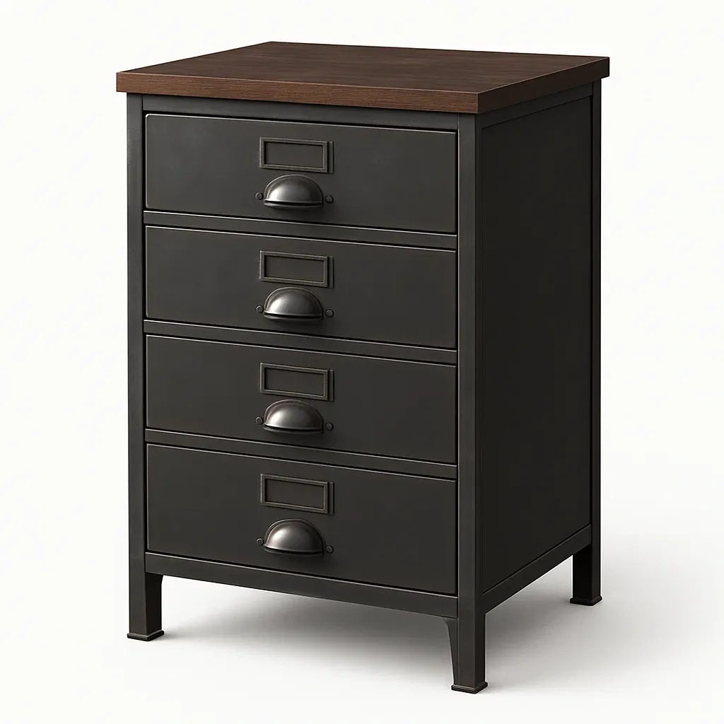 Commode à tiroirs en métal noir à quatre tiroirs avec plateau MDF