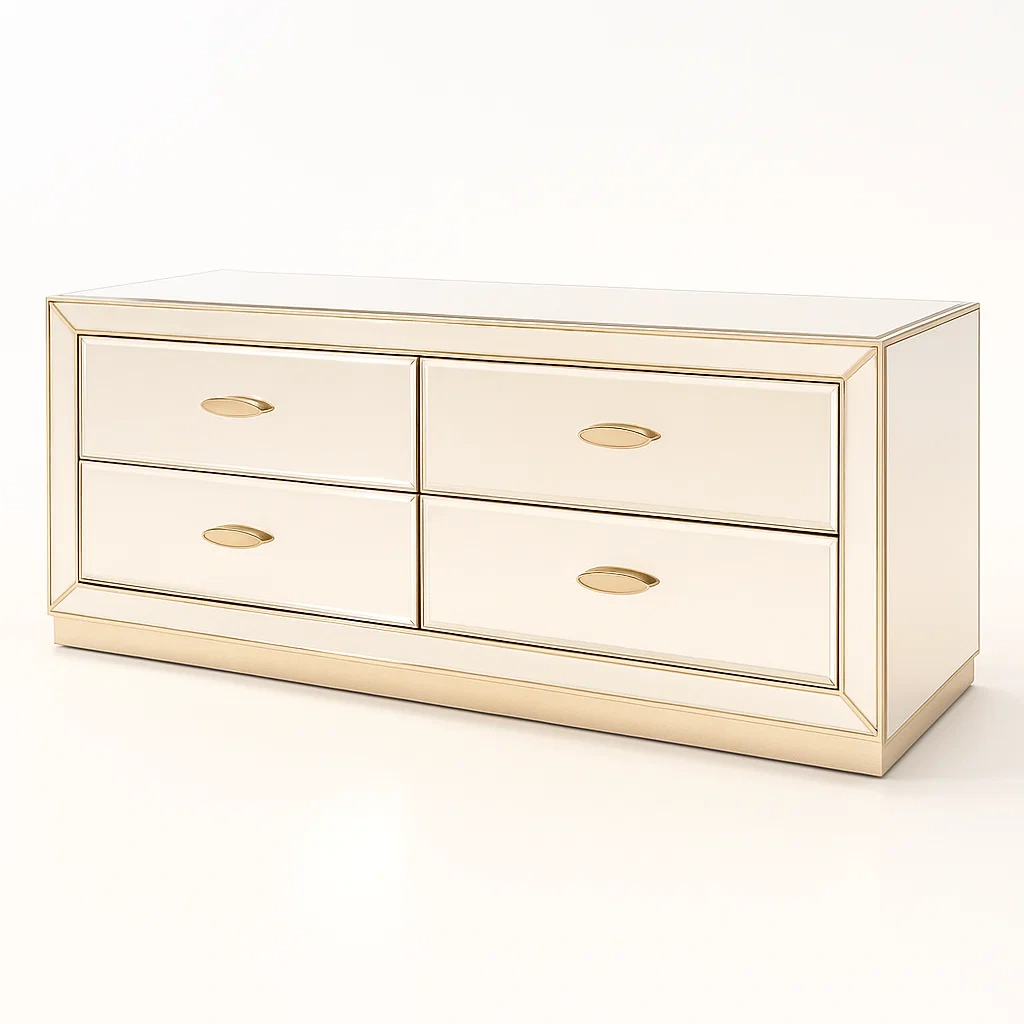 Commode à tiroirs en verre miroir avec 4 tiroirs blanc et doré
