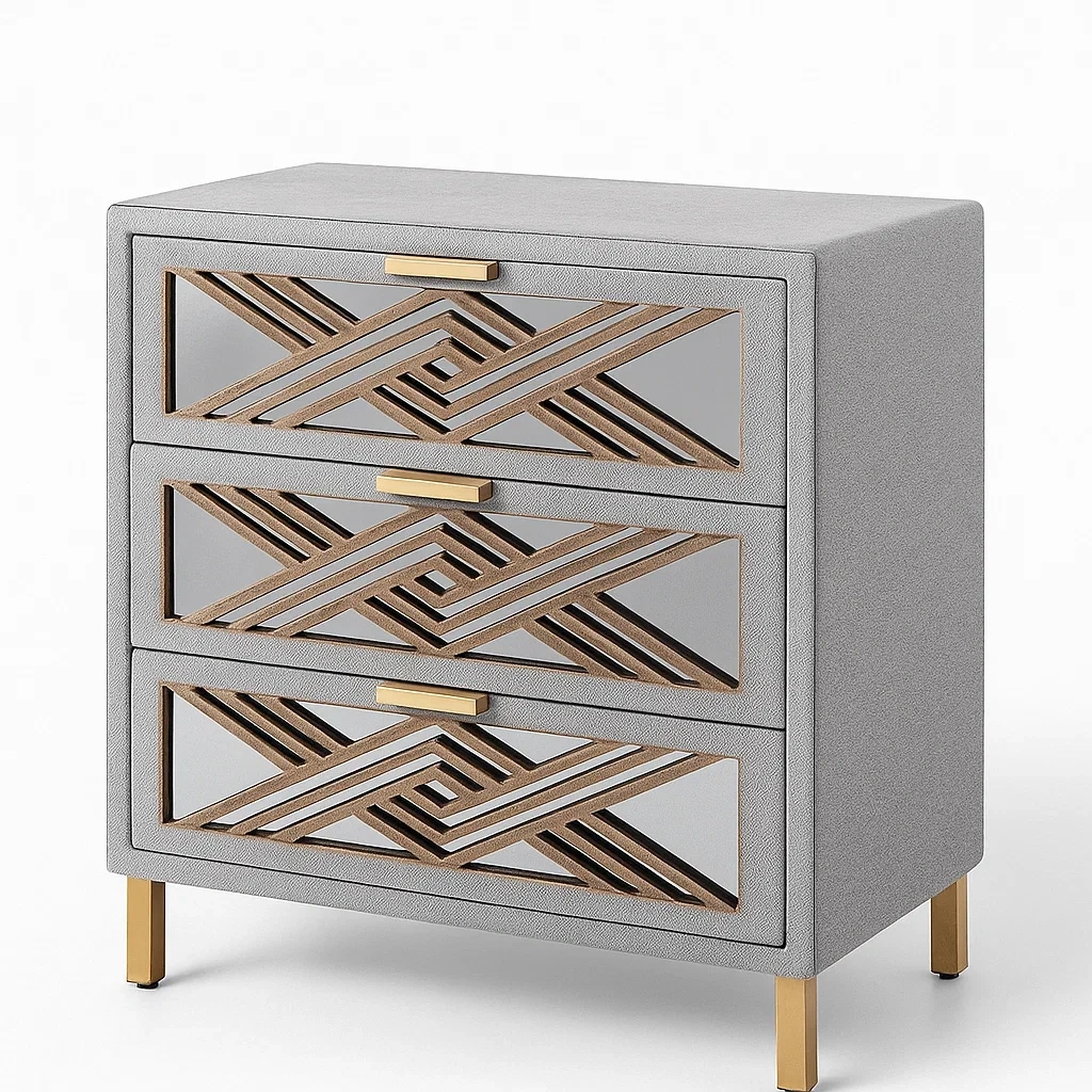 Commode à tiroirs en bois et miroir avec 3 tiroirs gris et doré