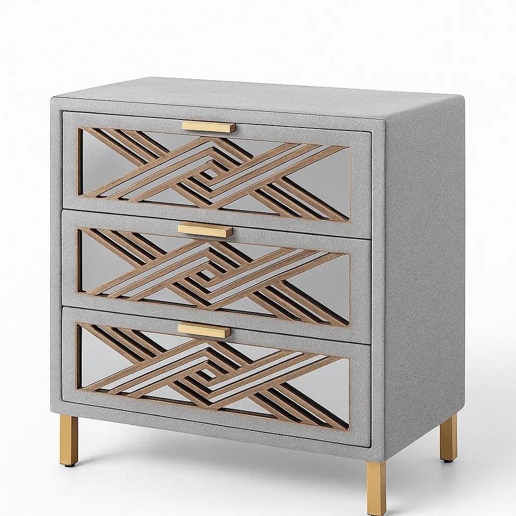 Commode à tiroirs en bois et miroir avec 3 tiroirs gris et doré