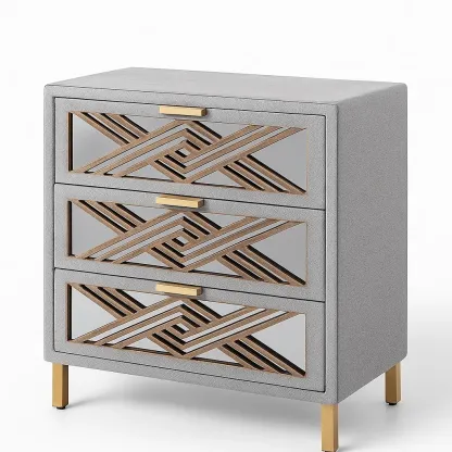 Commode à tiroirs en bois et miroir avec 3 tiroirs gris et doré