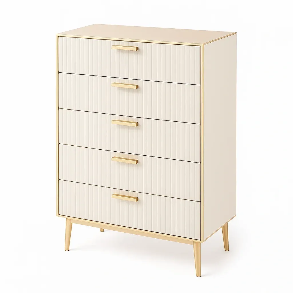 Commode à tiroirs 5 tiroirs MDF beige et doré 80×40×110 cm