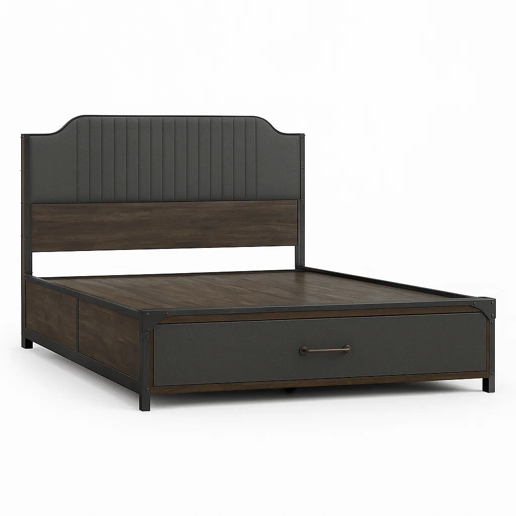 Lit avec rangement en métal et bois avec tête de lit rembourrée