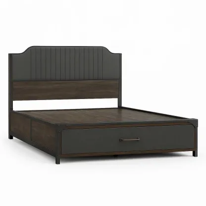 Lit avec rangement en métal et bois avec tête de lit rembourrée
